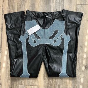 ❌SOLD❌ Black Leather Straight Leg Pants With Destroyed Denim Design